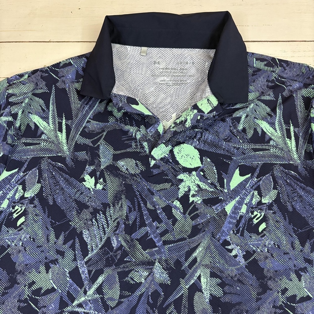 Under Armour Isio Chill Polo Shirt Mens L Blue Tropical Floral Golf